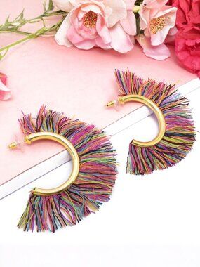 Fashion Women Multicolor Fringe Hoop Earrings with Gold Plated Party Wear